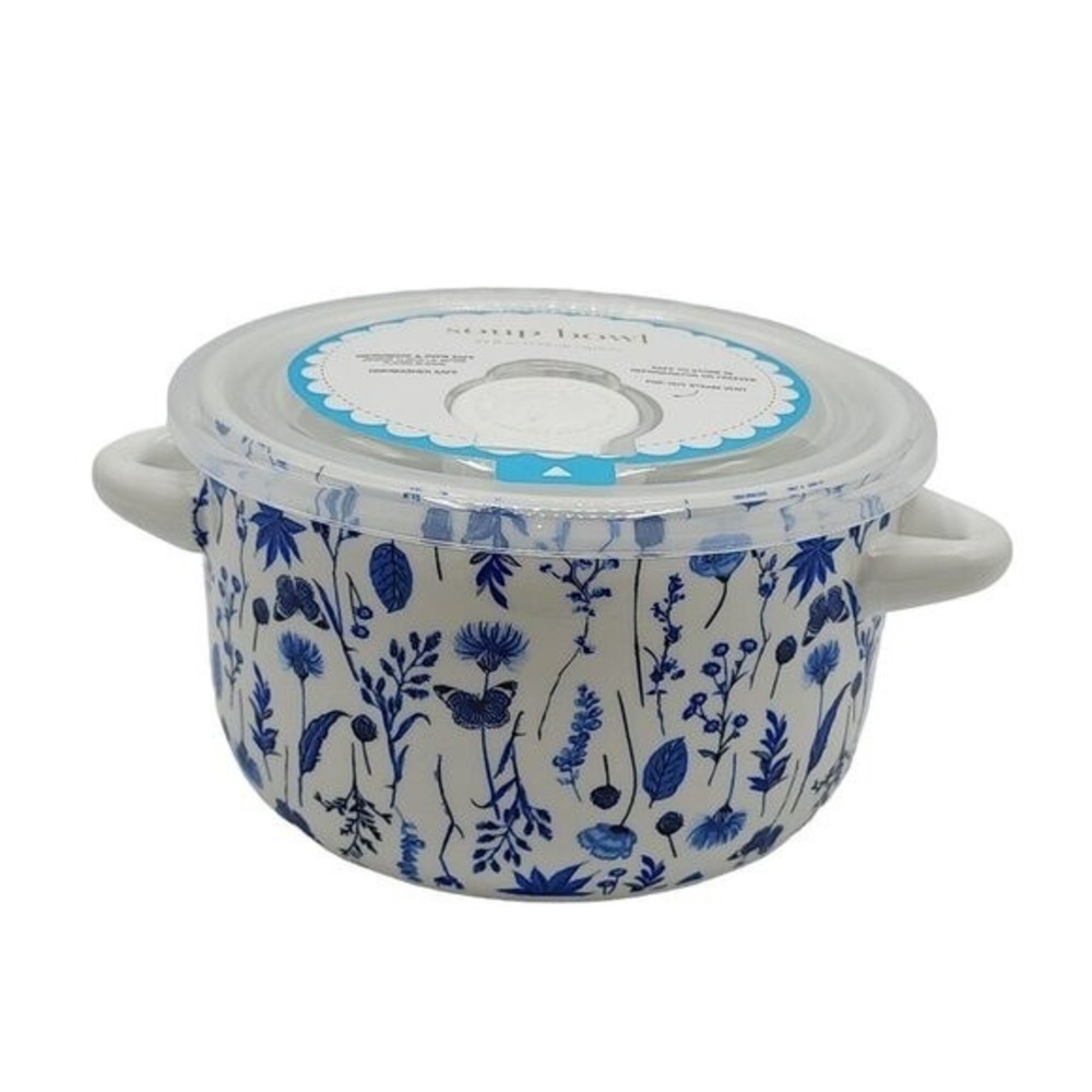 Microwave Stoneware Double Handled Soup Bowl With Lid Oven Safe 25oz Blue Floral